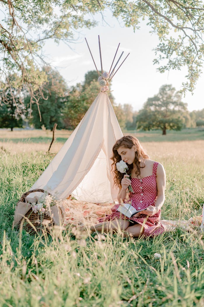 services-05 A woman in a polka dot dress enjoys a book and flower in a tranquil park setting with a tent.